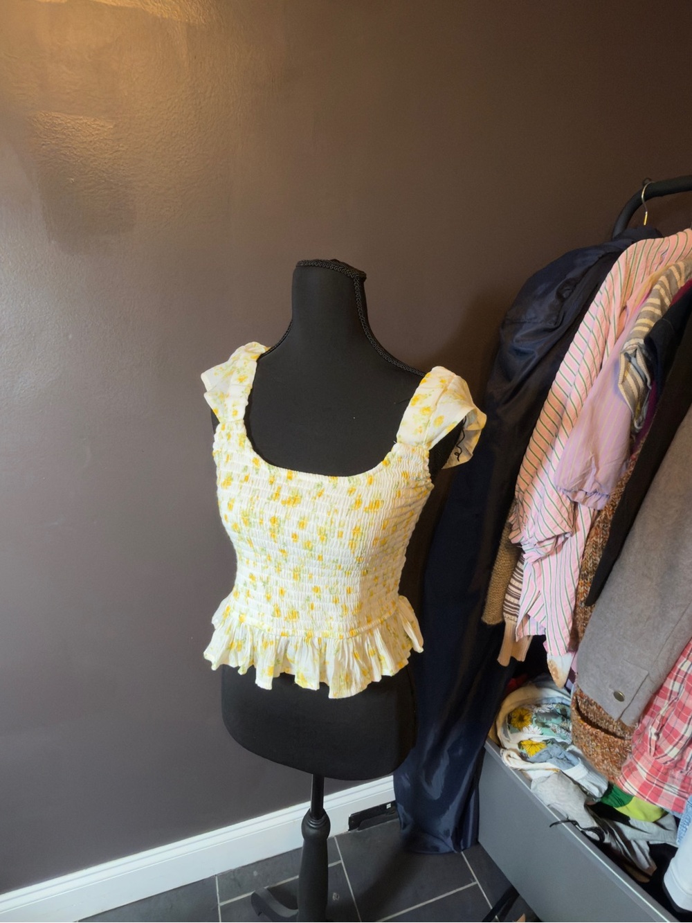 Altar'd State Yellow Floral Smocked Ruffle Crop Top